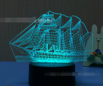 Led night light owl 3D table lamp can touch colorful (Option: Sailboat-Three tone light 4W)